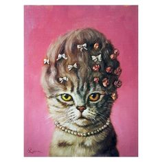 a painting of a cat with flowers in her hair on a pink background framed print