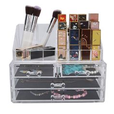 Feature:1. Made of PS material, durable and moistureproof, perfect for storing cosmetics in the damp bathroom. 2. Consist of two parts, the drawer box and the lipstick box. You can use them separately or install the two boxes as an unit to use. 3. With 4 drawers and many slots, it can storage and hold most of your cosmetics and skin care product. 4. This functional makeup organizer will help you reduce countertop clutter and keep all your cosmetics well organized. 5. The material is safe and the transparent design is elegant, suitable for professionals and home use. Specification: Item Type: Cosmetics Storage Box Material: PS Color: Transparent Size: Approx. 24 x 13.5 x 19cm / 9.45 x 5.31 x 7.48in How to use: 1. Open the package. 2.  Place drawer storage box, and then put the lipstick stor Lipstick Box, Cosmetics Storage, Display Jewelry, Skin Care Product, Can Storage, Storage Display, Drawer Box, Drawer Storage, Makeup Organizer