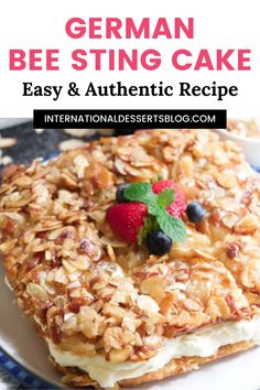 german bee sting cake on a plate with the words easy and authentic recipe below it