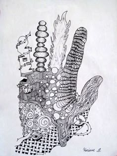 a black and white drawing of a corn on the cob with other things in it