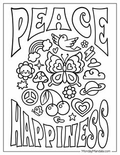 a coloring page with the words peace and flowers