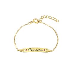 Your little princess is sure to love this Charming Girl "Princesa" cubic zirconia ID bracelet. Your little princess is sure to love this Charming Girl "Princesa" cubic zirconia ID bracelet. Nickel free Metal: sterling silver Inscription: "Princesa" Length: 6 in. + 1-in. extender Packaging: boxed Plating: 14k gold flash plated Finish: polishedSTONE DETAILS Stone type: cubic zirconia Stone size: 1.5 mm x 1.5 mm Shape: round Size: 6". Color: Sterling Pink. Gender: female. Age Group: kids. Material: Sterling Silver|Gold Plate. Princess Style Gold Jewelry For Gifts, Princess Style Gold Jewelry Gift, Gold Princess Style Jewelry For Gift, Adjustable Cubic Zirconia Bracelets For Birthday, Adjustable Personalized Bracelet In Cubic Zirconia, Adjustable Personalized Cubic Zirconia Bracelets, Adjustable Personalized Bracelets With Cubic Zirconia, Personalized Name Bracelet In Pink, Yellow Gold Cubic Zirconia Name Bracelet As Gift