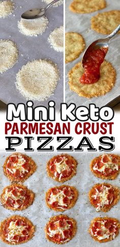 mini keto parmesan crust pizzas on a baking sheet