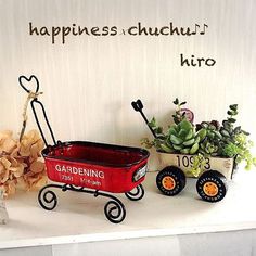 a red wagon sitting on top of a white shelf next to a potted plant