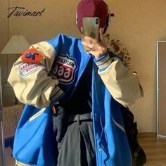 Tavimart Vintage Baseball Jackets Women Round Neck Single - Breasted Splice Loose Uniform Harajuku Blue Contrast Color Outerwear For Streetwear, Blue Patchwork Varsity Jacket, Blue Varsity Jacket With Patchwork, Blue Patchwork Varsity Jacket For Streetwear, Retro Blue Outerwear With Baseball Collar, Harajuku Casual, Mint Green Prom Dress, Baseball Jacket Women, Baseball Jackets