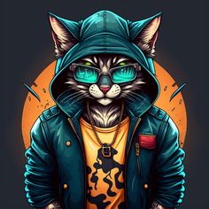 a cat wearing a hoodie and glasses with his hands on his hipster's hip