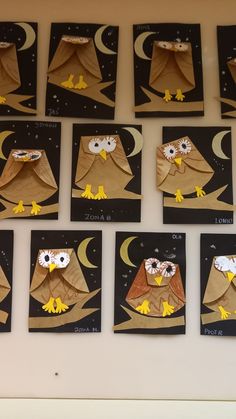 paper bags with owls and stars on them are arranged in the shape of an owl