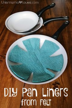 a bowl and spoon sitting on top of a wooden table with the words diy pan liners from felt