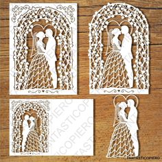 laser cut wedding card with the silhouettes of two bride and groom in an ornate frame