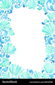 a blue and green watercolor background with an ornate border