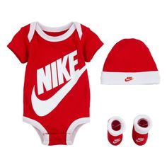 HEAD-TO-TOE COVERAGE. The Nike Box Set includes a cotton short-sleeve bodysuit with a matching hat and booties for a quick, go-to ensemble that's soft and comfortable. The bodysuit has lap shoulders and snap closures that help make changing and dressing easy. Product Details Standard fit for a relaxed, easy feel Bodysuit/Hat: 100% cotton. Booties: 62% cotton/34% polyester/4% elastane. Machine Wash Color: University Red Style: LN0073-U10 Nike Set, Baby Nike, Toddler Nikes, Grey Booties, Baby Box, Baby Cap, Matching Hat, Cotton Bodysuit, Nike Kids