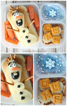 the frozen food is made to look like snowmen with carrots and pretzels