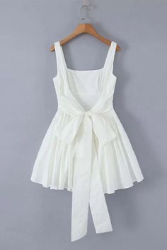 A-line Backless Square Neck Bare Back Bow Short White Homecoming Dress – Weitese Dress White Sleeveless Mini Dress With Straps, White A-line Sundress With Tie Straps, Summer Off-shoulder Mini Dress With Bow, White Sleeveless Sundress With Straps, Beach Sleeveless Dress With Bow, Sleeveless Beach Dress With Bow, White Sleeveless Dress With Bow, Casual Sleeveless Dress With Bow, Off-shoulder Summer Dress With Bow