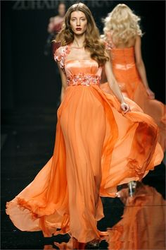 Fresh tangerine orange chiffon gown with tonal dimensional petals covering cap sleeves and wide empire waist. By Zuhair Murad 2009/2010 Ready-To-Wear Fashion Gowns, Coral Dress, Dress Orange, Zuhair Murad, Couture Gowns, Gorgeous Gowns, Orange Dress, Brown Fashion, Beautiful Gowns