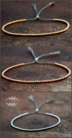 three different types of beaded bracelets on wooden table with text overlaying the image