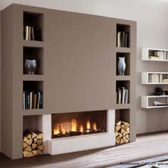 a living room with a fire place and bookshelves on the wall next to it