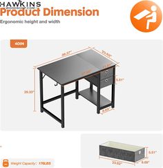 an image of a desk with measurements for the top and bottom section, including one drawer