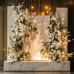 white flowers and greenery on a marbled wall with candles in the back ground