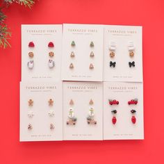 Create your own holiday stud packs! Our earrings are super lightweight and very comfortable. Dimensions:  * Beanies - 1.3 cm (length) x 0.7 cm (width) x 0.3 cm (thickness) * Chocolate Chip Cookies - 1.5 cm (length) x 1 cm (width) x 0.2 cm (thickness) * Milk Jars - 1.2 cm (length) x 1 cm (width) x 0.3 cm (thickness) * Christmas Tree Sugar Cookie (green) - 0.9 cm (length) x 0.7 cm (width) x 0.3 cm (thickness) * Christmas Tree Sugar Cookie (white) - 0.9 cm (length) x 0.7 cm (width) x 0.3 cm (thickn Milk Jars, Milk Jar, Winter Earrings, Christmas Tree Cookies, Rose Trees, Milk Carton, Green Bows, Stocking Stuffer Gifts, Miniature Food