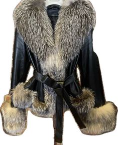 Luxury Winter Fur Coat With Feather Trim, Luxury Fur Coat With Feather Trim For Winter, Luxury Belted Leather Jacket, Luxury Fur Coat With Feather Trim For Fall, Luxury Feather-trimmed Fur Coat For Fall, Luxury Fur Coat With Faux Fur Trim For Fall, Luxury Fall Fur Coat With Faux Fur Trim, Luxury Black Fur Coat With Feather Trim, Luxury Belted Fur Coat For Fall