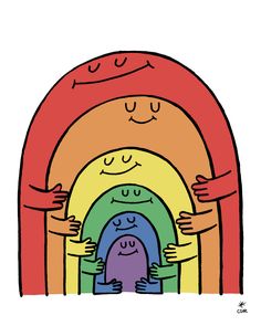 a drawing of three people hugging each other in front of a rainbow arch with their eyes closed