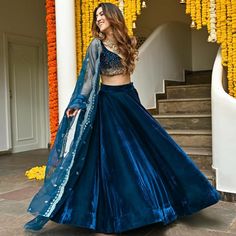 Lehenga Designs Blue Colour, Velvet Lengha Design, Velvet Lehnga Ideas, Lenga Design Latest, Blue Lehenga Outfit, Velvet Lengha, Western Dresses For Women, Velvet Lehenga