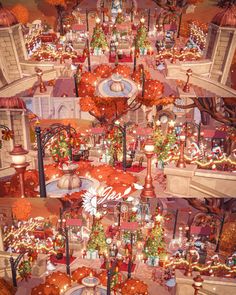 a table is set up for a christmas party with many decorations and lights on it