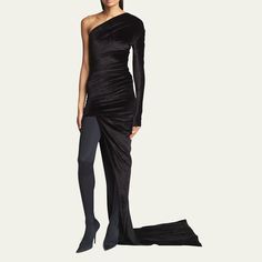 Balenciaga draped asymmetric gown in a fluid velvet jersey finish  One-shoulder neckline; long sleeve at left Invisible zip at back High-low hem Floor-sweeping train  Bodycon silhouette  Polyester Dry clean Made in Italy Draped Asymmetrical Evening Dress For Fall, Fitted Asymmetrical Dress With Draped Sleeves, Fitted One-shoulder Asymmetrical Dress With Draped Sleeves, Fitted Asymmetrical One-shoulder Dress With Draped Sleeves, Fitted Draped Asymmetrical Dress For Fall, Fitted Asymmetrical Draped Dress For Fall, One-shoulder Asymmetrical Dress For Evening, Asymmetrical Fitted Evening Dress With Draped Sleeves, Fitted Asymmetrical Evening Dress With Draped Sleeves