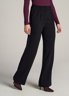 About Our Extra-Long Women’s Dress Pants Make a statement in these stylish pleated women’s tall dress pants. Pleated trousers are a timeless trend you’ll love and now, there’s finally a pair that will accentuate your long legs. These pants for tall women have been designed specifically for ladies between 5’9” and 6’6”, with a full length offering extra-long inseam options. They have a high-rise silhouette that gives the appearance of a cinched waist, complete with a fly zipper and hook and bar c Black Pleated Bottoms For Workwear, Black Pleated Pants For Work, Fall Black Bottoms With Pleated Waist, Formal Wide Leg Full Length Pants For Fall, Black Straight Leg Pleated Pants, Black Pleated Straight Leg Pants, Chic Fall Bottoms With Pleated Waist, Chic Bottoms With Pleated Waist For Fall, Black Pleated Straight-leg Pants