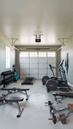 there are many exercise equipment in this garage