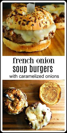 the french onion soup burgers with caramelized onions are ready to be eaten