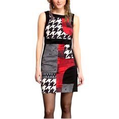 Desigual Dress Spain Designer New Without Tags Red/Black/,White Houndstooth,Music Boat Neck Sleeveless Lined Back Zipper Closure Logo On Back Shoulder Totally Unique Statement Piece 83% Cotton 15% Polyester 2% Elastane Size 12 Us Equals 44 In Disegual Measured Flat Armpit To Pit 20" Waist 18" Length 36" * Cover Pic And Models Are Stock Photos Included For Style Visualization Only! Excellent Condition Smokefree Sleeveless Patchwork Dress For Fall, Fall Patchwork Sleeveless Dress, Fitted Sleeveless Houndstooth Mini Dress, Fitted Sleeveless Mini Dress With Houndstooth Pattern, Casual Sleeveless Houndstooth Mini Dress, Chic Sleeveless Houndstooth Dress, Sleeveless Houndstooth Dress For Spring, Desigual Dress, Cover Pic