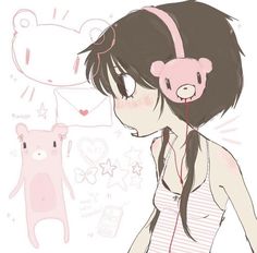 the girl is listening to music with her headphones in front of an animal and bear wallpaper