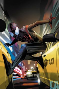 spider - man is jumping over the back of a taxi cab in an animated scene