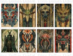 six different art nouveau style paintings on wooden paneled panels, each with an animal and demon