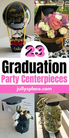 Graduation Party Centerpieces Graduation Floral Arrangements, Graduation Party Centerpiece Ideas, Graduation Flower Centerpieces, Grad Centerpieces, Floral Grad Party, Graduation Party Table Centerpieces, Party Centerpiece Ideas, Graduation Party Table Decorations, Vintage Graduation Party