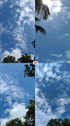 the sky is filled with clouds and trees in different stages of being reflected on water