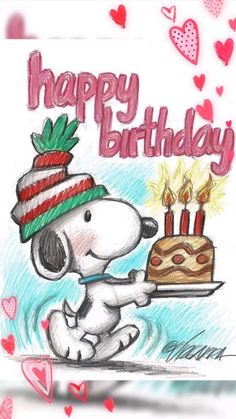 a drawing of a dog holding a cake with candles on it and the words happy birthday