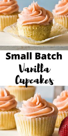 small batch vanilla cupcakes with pink frosting