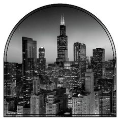 black and white photograph of the city skyline at night with skyscrapers in the background