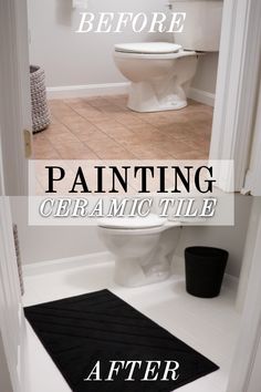 before and after photos of a bathroom remodel with the words painting ceramic tile