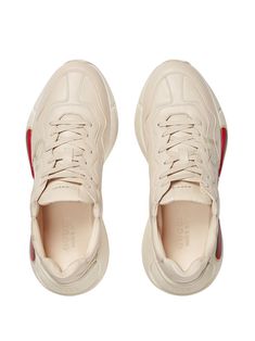 Cream/red/green Rhyton-logo leather sneakers from Gucci featuring tonal design, signature Double G logo, logo print to the side, round toe, front lace-up fastening, branded insole and chunky rubber sole. | Gucci Rhyton-logo leather sneakers Balenciaga Adidas, Shopping Luxury, Leather Sneakers Men, Dad Sneakers, Gucci Sneakers, Gucci Logo, Print Sneakers, Stylish Outfit, High Quality Shoes