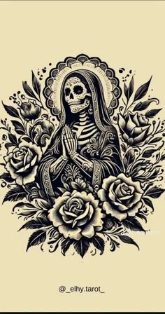 a skeleton sitting on top of flowers with roses in the foreground and an image of a