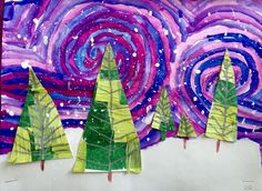 three paper trees in the middle of a painting