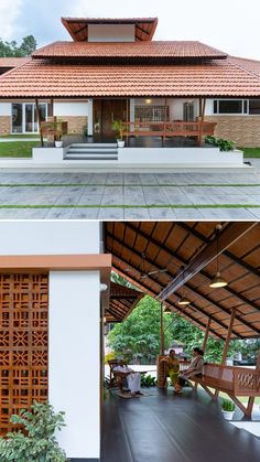 two pictures show the inside and outside of a house with wood accents on the roof