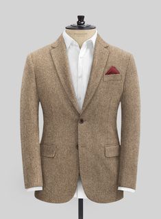 Luxury Herringbone Tweed Jacket For Workwear, Luxury Brown Outerwear With Herringbone Pattern, Luxury Brown Fitted Tweed Jacket, High-end Brown Tweed Jacket, Luxury Fitted Brown Tweed Jacket, Luxury Brown Herringbone Pattern Outerwear, Luxury Brown Tweed Jacket With Welt Pockets, Luxury Brown Tweed Jacket For Gentlemen, Luxury Brown Tweed Jacket For Business