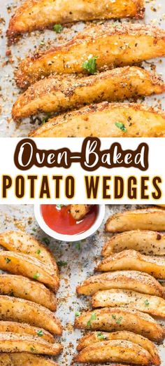 oven baked potato wedges with ketchup and parmesan on the side