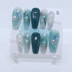 Brand New Handmade Press On Nails With Pearls Inlaid Blue Jade Nails, Neptune Nails, Black Moon Cosmetics, Jade Nails, Blue Glitter Nails, Different Types Of Nails, Aqua Nails, Long Press On Nails, Graduation Nails