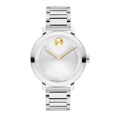 The Movado Bold Evolution ladies' dress watch is a true testament to both modern innovation and timeless design. With its stylish stainless steel bracelet, 34MM case and elegant silver dial with gold-tone hands, this timepiece exudes sophistication and classic style. In addition, reliable Swiss quartz movement assures precise and accurate timekeeping, while a K1 crystal offers superior scratch resistance. And with 30-meter water resistance, this timepiece can withstand splashes and brief immersi Modern Stainless Steel Watch With Jubilee Bracelet, Formal Polished Stainless Steel Diamond Watch, Elegant Diamond Watch With Rectangular Stainless Steel Dial, Luxury Stainless Steel Watch With Rectangular Metal Dial, Elegant Nickel-free Metal Watches, Movado Bold, Helzberg Diamonds, Ladies Dress, Luxury Timepieces