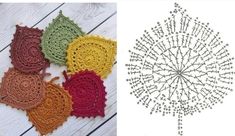 four crocheted leaves are shown next to the same pattern, and one has been made in different colors